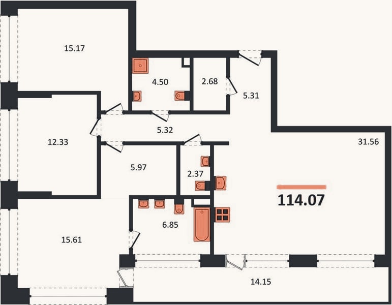Планировка: 3-к, 114,1 м²