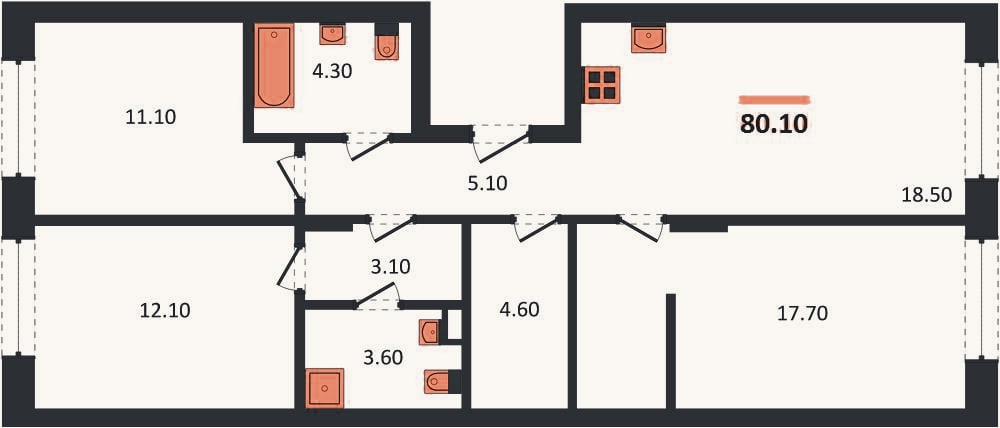 Планировка: 3-к, 80,1 м²