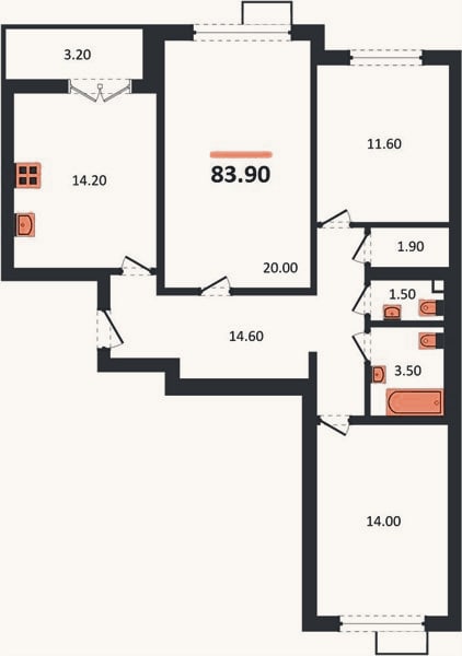 Планировка: 3-к, 82,8 м²