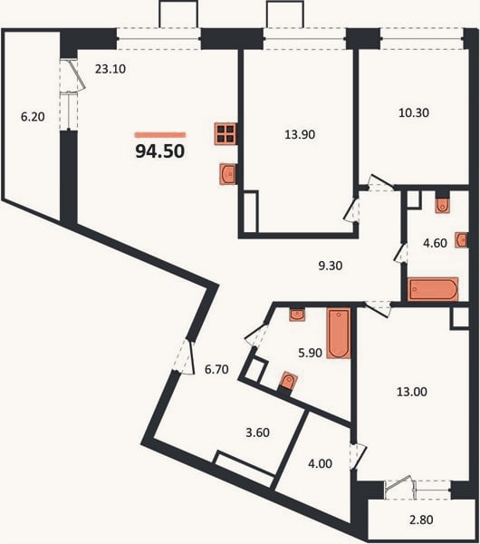Планировка: 3-к, 94,5 м²