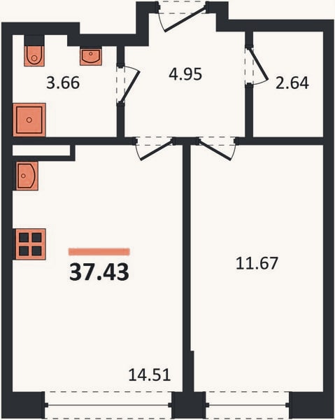 Планировка: 1-к, 37,4 м²