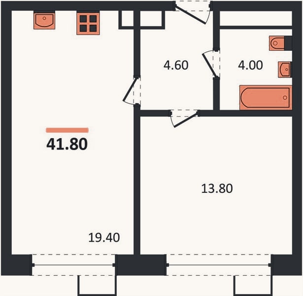 Планировка: 1-к, 41,8 м²