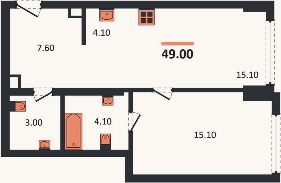Планировка: 1-к, 49 м²