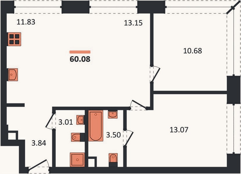 Планировка: 2-к, 60,1 м²