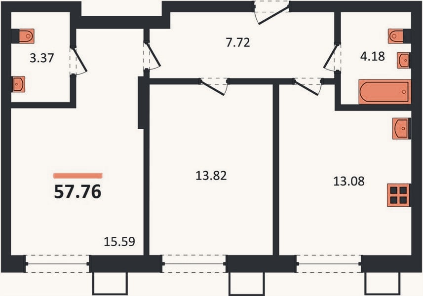 Планировка: 2-к, 57,8 м²
