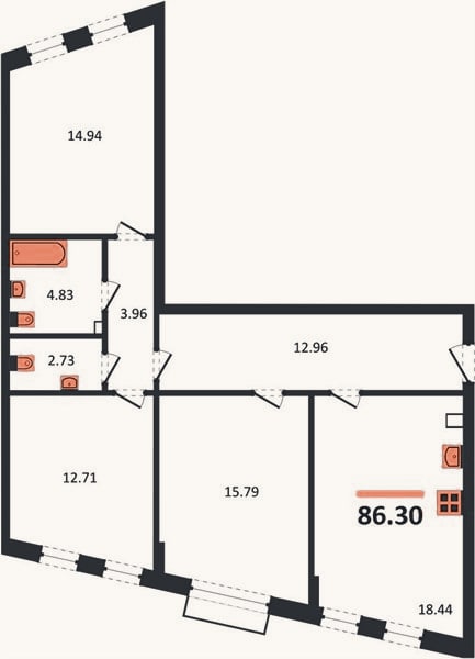 Планировка: 3-к, 86,3 м²