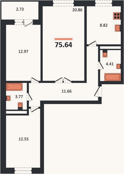 Планировка: 3-к, 76,4 м²