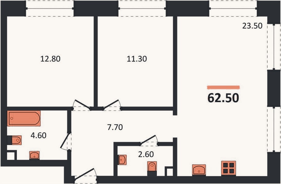 Планировка: 2-к, 62,5 м²