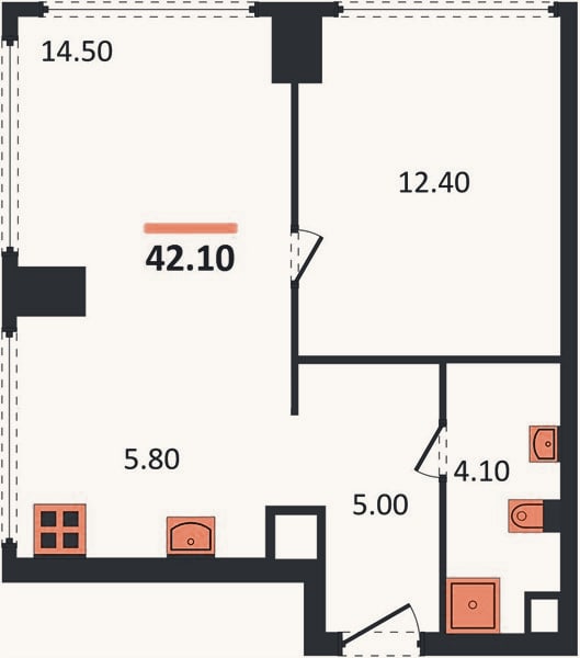 Планировка: 1-к, 42,1 м²