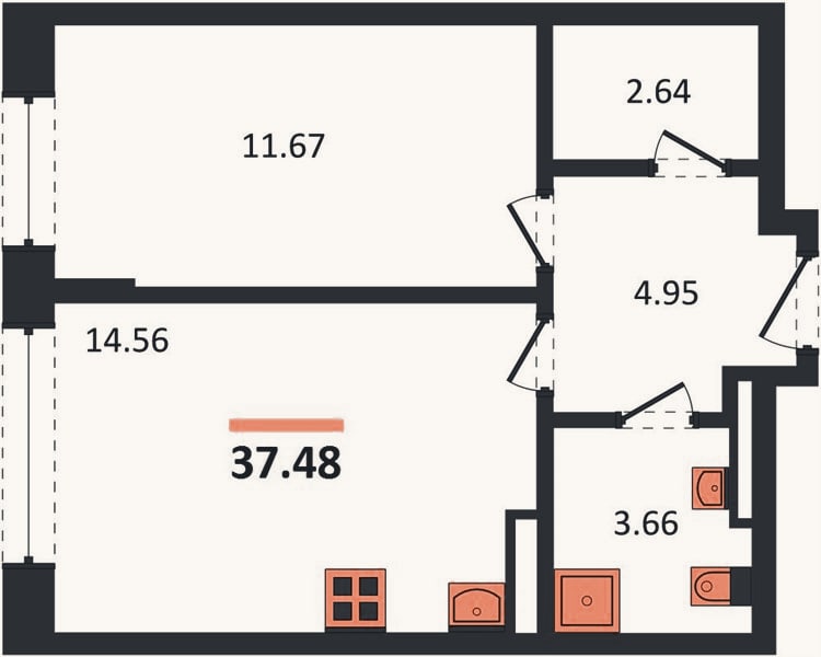 Планировка: 1-к, 37,5 м²