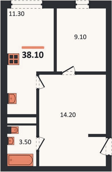 Планировка: 1-к, 38,1 м²