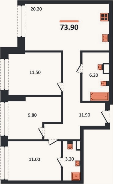 Планировка: 3-к, 73,9 м²