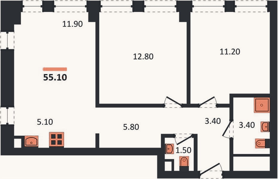 Планировка: 2-к, 55,1 м²