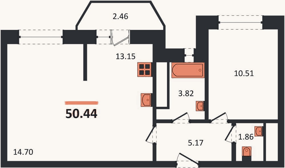 Планировка: 1-к, 50,4 м²