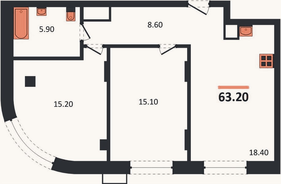 Планировка: 2-к, 63,2 м²