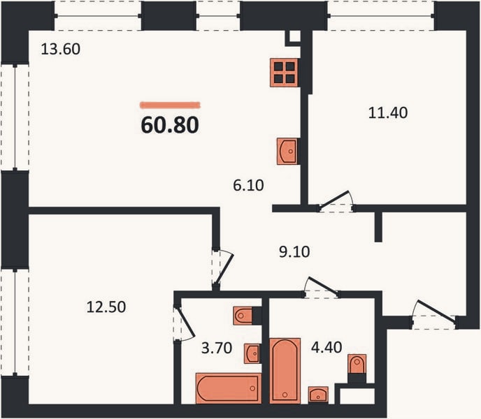 Планировка: 2-к, 60,8 м²