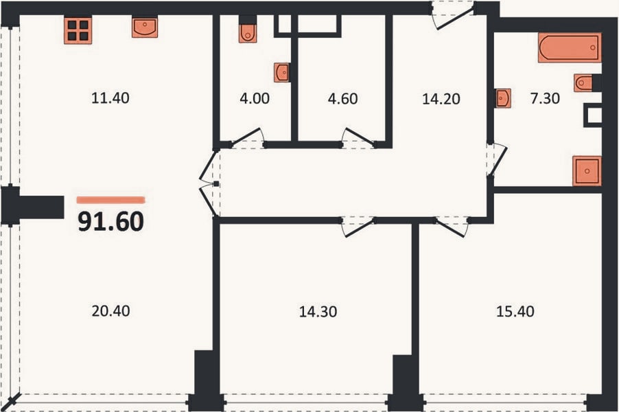 Планировка: 2-к, 91,6 м²