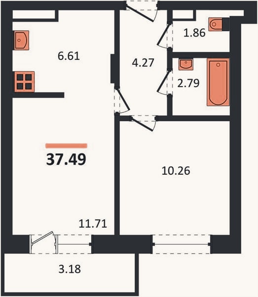 Планировка: 1-к, 37,5 м²