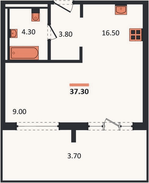 Планировка: 1-к, 37,3 м²
