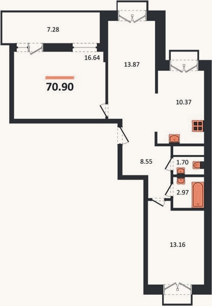 Планировка: 2-к, 70,9 м²