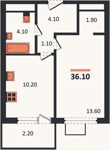 Планировка: 1-к, 36,1 м²