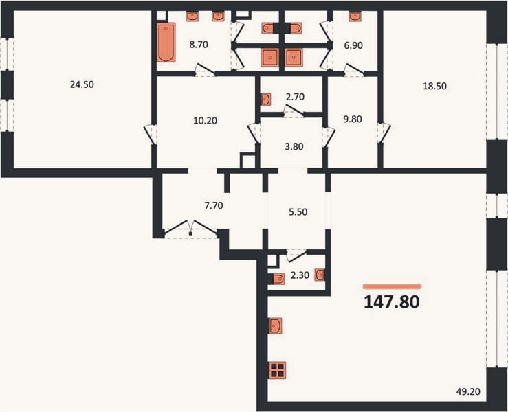 Планировка: 2-к, 147,8 м²