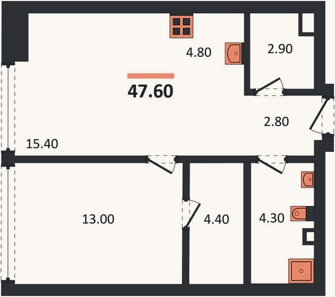 Планировка: 1-к, 47,6 м²