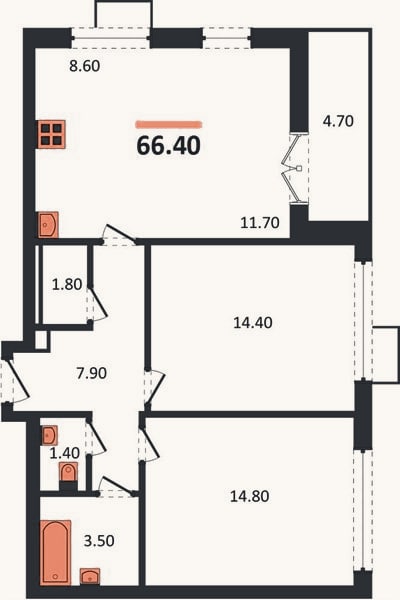Планировка: 2-к, 66,4 м²