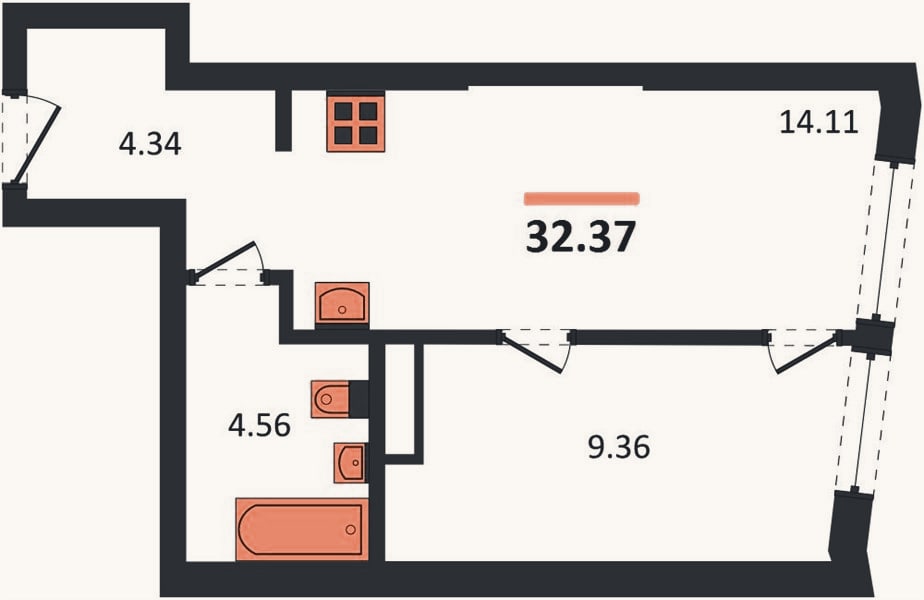 Планировка: 1-к, 32,4 м²