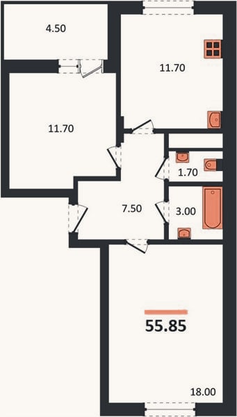 Планировка: 2-к, 55,9 м²