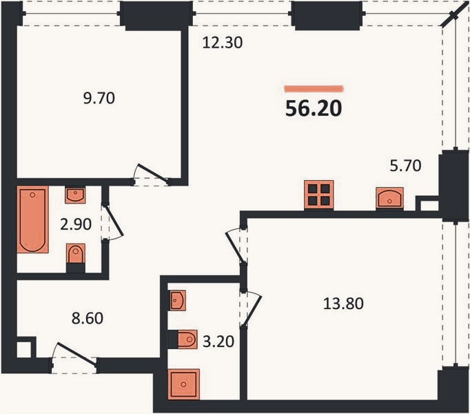 Планировка: 2-к, 56,2 м²