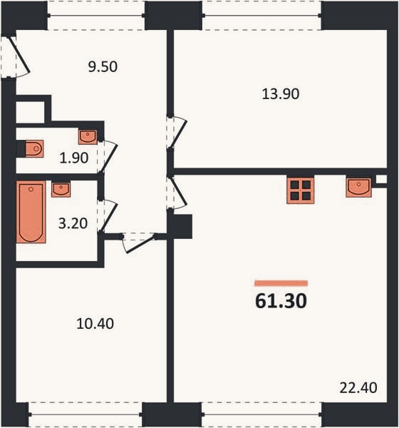 Планировка: 2-к, 61,3 м²