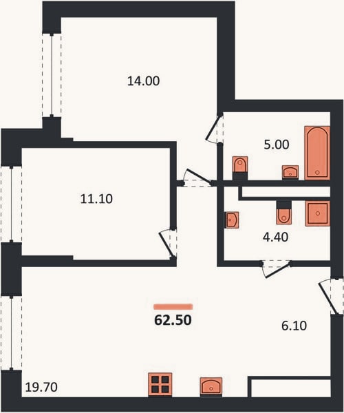 Планировка: 2-к, 62,5 м²