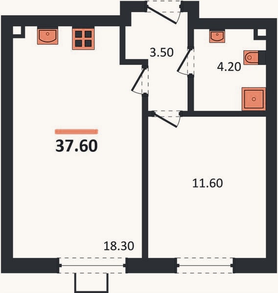 Планировка: 1-к, 37,6 м²