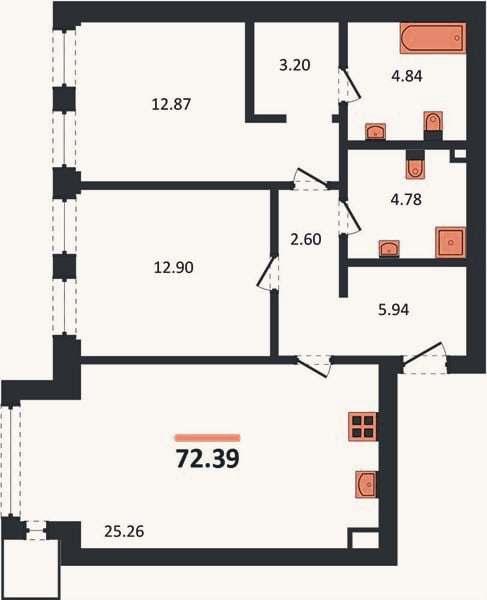 Планировка: 2-к, 72,4 м²