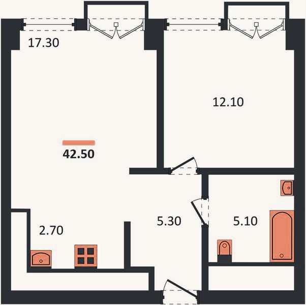 Планировка: 1-к, 42,5 м²