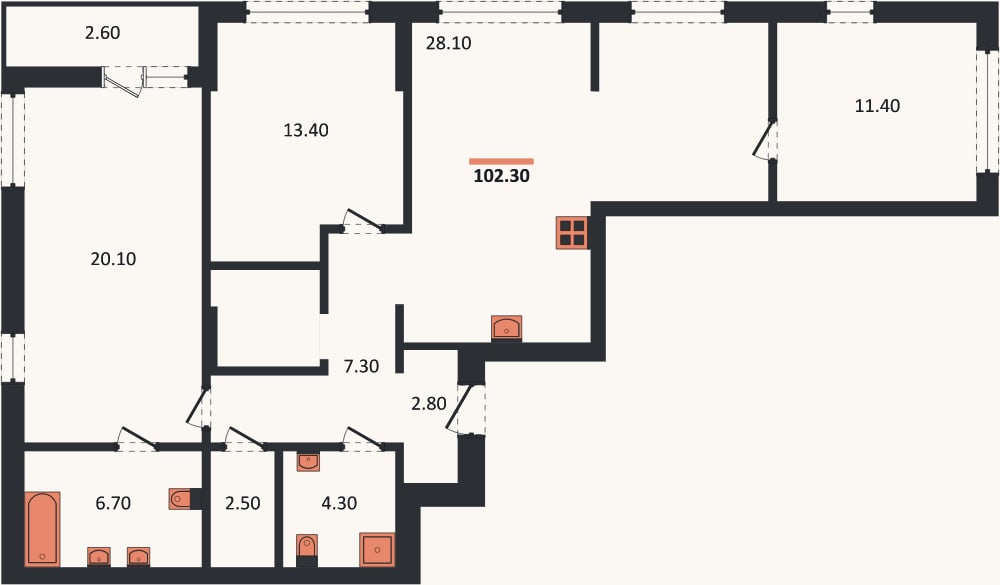 Планировка: 3-к, 102,3 м²
