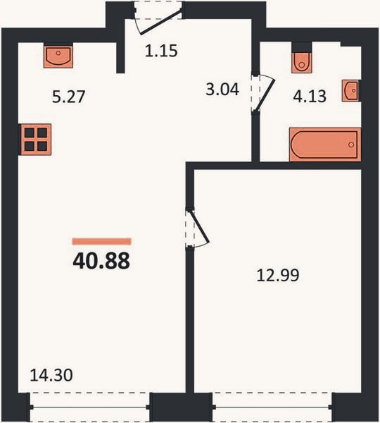 Планировка: 1-к, 40,7 м²