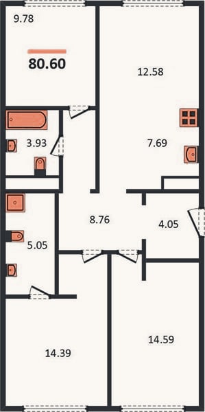 Планировка: 3-к, 80,6 м²