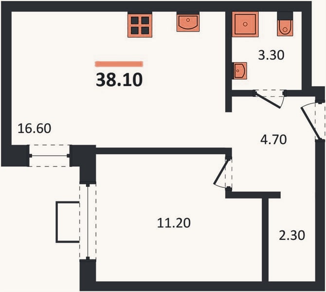Планировка: 1-к, 37,9 м²