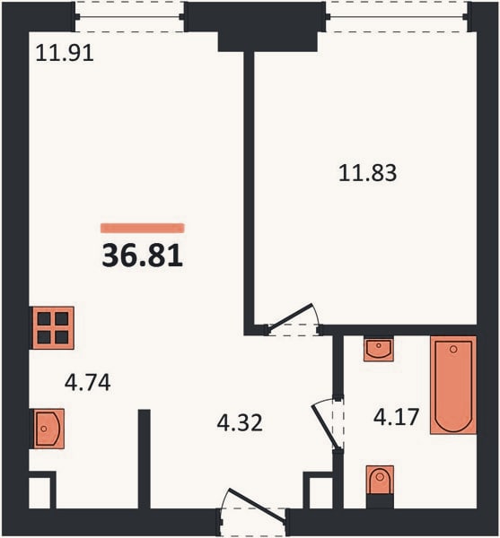 Планировка: 1-к, 36,8 м²