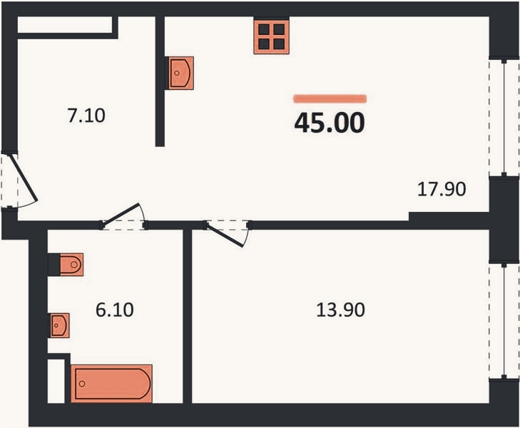 Планировка: 1-к, 45 м²