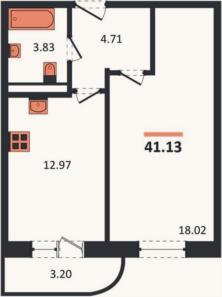 Планировка: 1-к, 41,1 м²