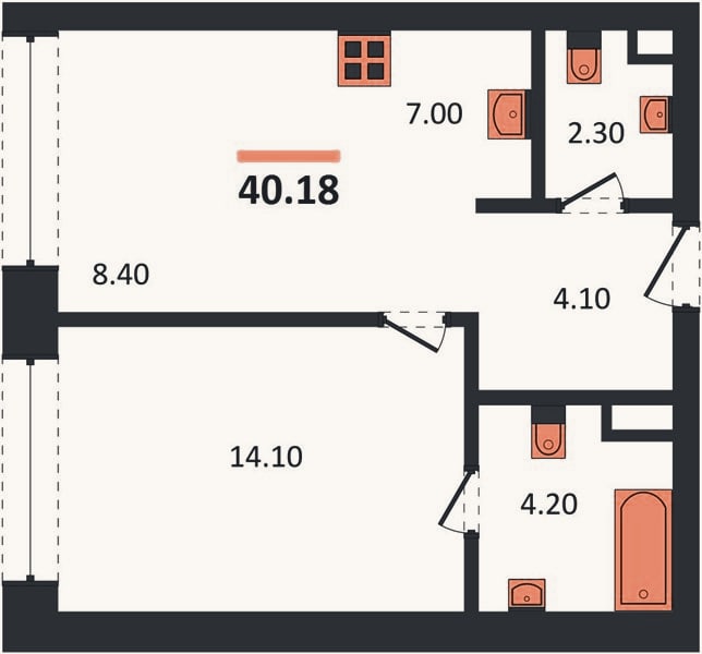 Планировка: 1-к, 40,2 м²