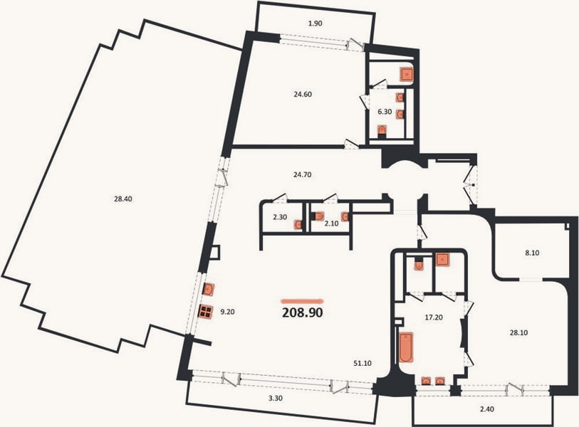 Планировка: 2-к, 208,9 м²