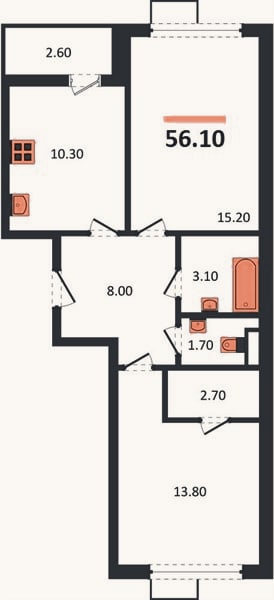 Планировка: 2-к, 56,1 м²
