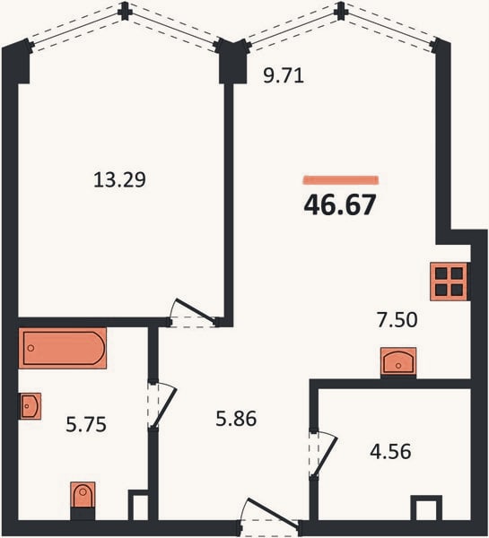 Планировка: 1-к, 46,7 м²