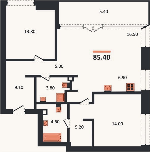 Планировка: 2-к, 85,4 м²