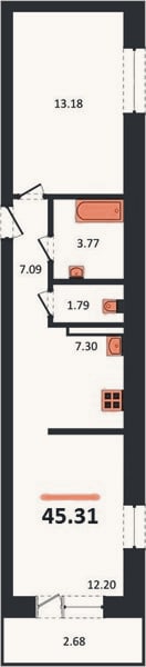 Планировка: 1-к, 45,3 м²