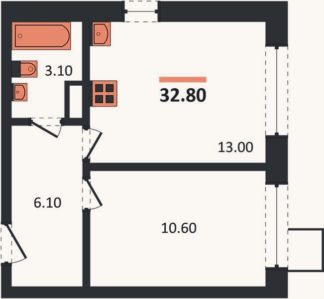 Планировка: 1-к, 32,8 м²